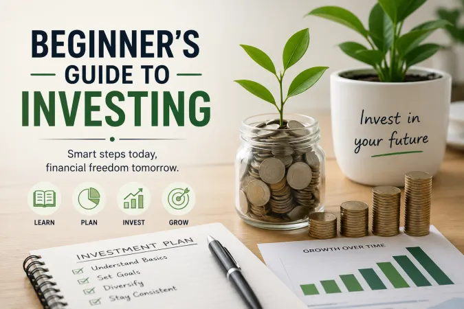 A small plant growing out of a jar of coins next to stacked coins and a handwritten investment plan checklist with a growth chart
