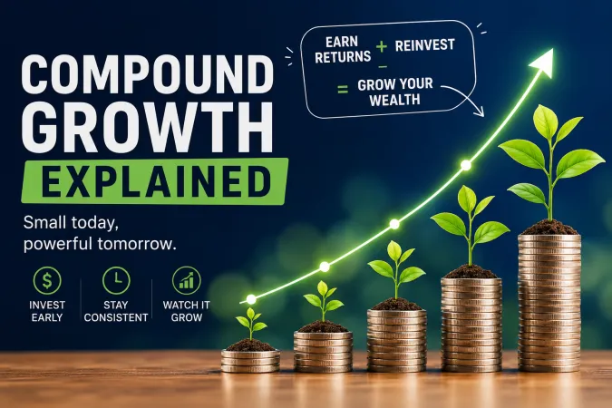 Small plants sprouting from progressively taller stacks of coins with an upward arrow illustrating compound growth over time