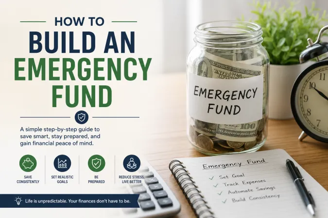 A glass jar labeled "Emergency Fund" filled with cash and coins next to a handwritten savings checklist notebook and an alarm clock