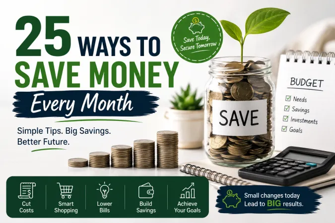 Hand placing coins into a savings jar next to a grocery receipt and calculator