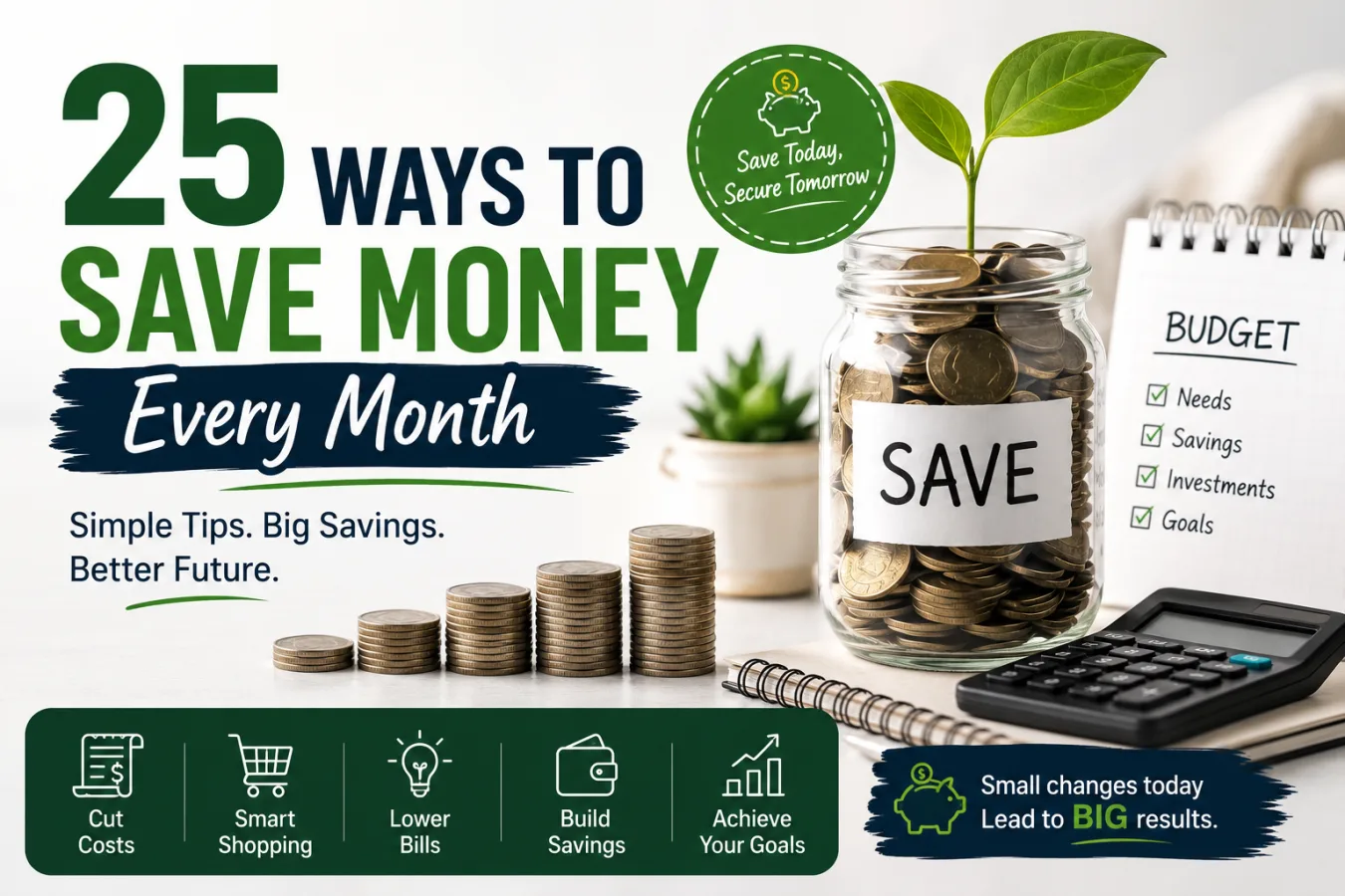 Hand placing coins into a savings jar next to a grocery receipt and calculator