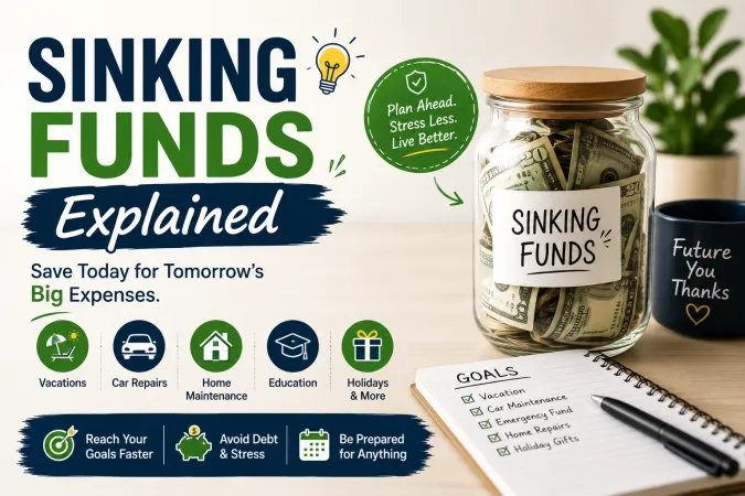 Labeled savings jars for car maintenance, holiday gifts, and insurance representing separate sinking funds