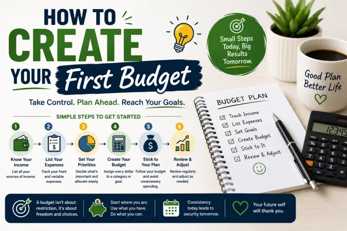 Person reviewing bank statements and writing a budget plan in a notebook at a kitchen table