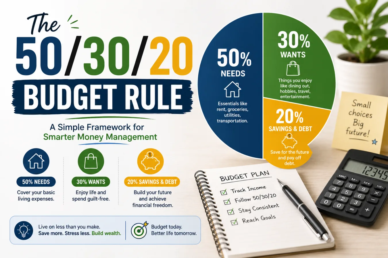 Pie chart illustration showing a budget split into 50 percent needs, 30 percent wants, and 20 percent savings